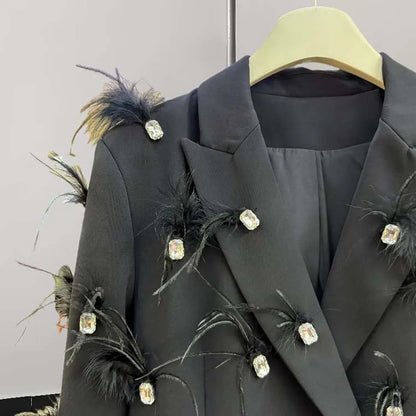 Luxury feather Faux diamond blazer Women 2025 New Double breasted rhinestones jacket High quality Loose Lady suit INKEO 4O089