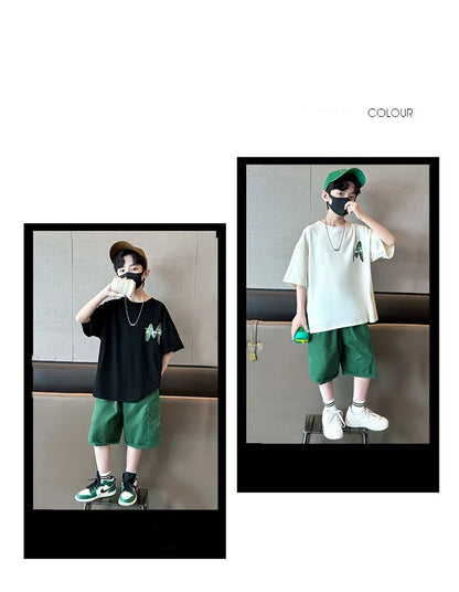 Summer Boys Cotton Leisure Loose Contrast Alphabet T-Shirt Top+Shorts Pant Set School Kids 2PCS Tracksuit Children Outfit 5-16Yr