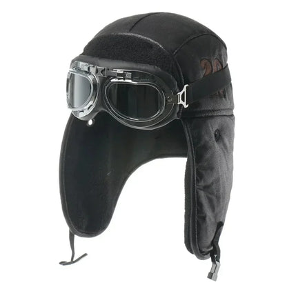 Men's Winter Bomber Hat with Goggles, Motorcycle Windproof Pilot Hat, Faux Fur Earflap Ushanka for Outdoor
