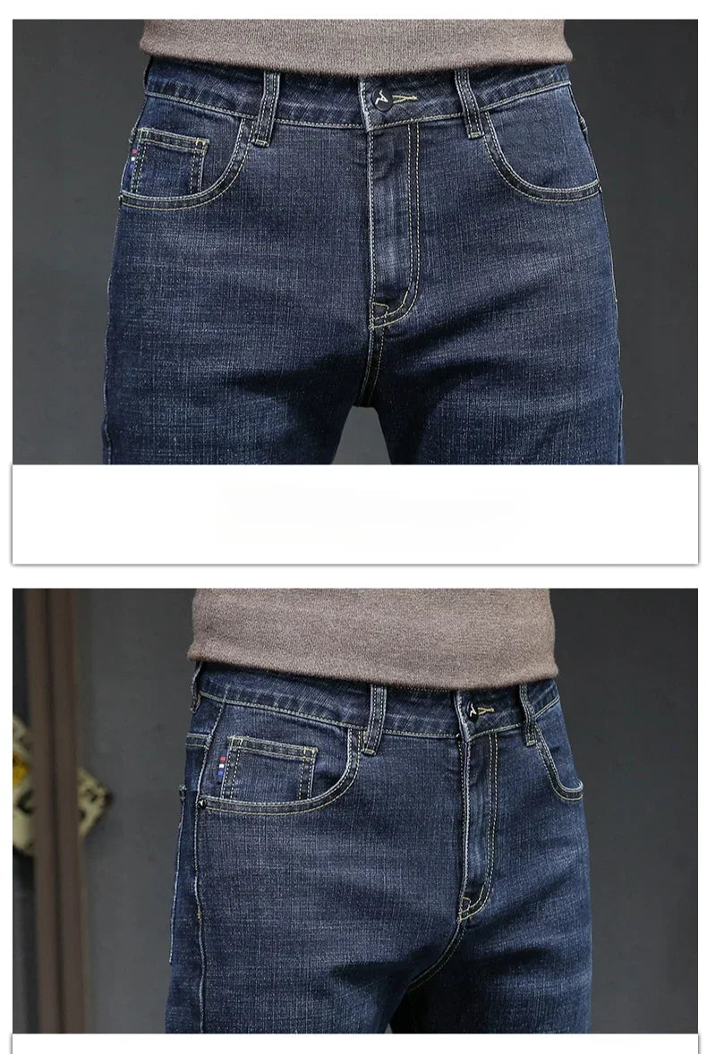 Winter Thickened Warm Male Plush Trousers Brand Clothes Men's Fleece Jeans Straight Slim Stretch Fashion Business Denim Pants