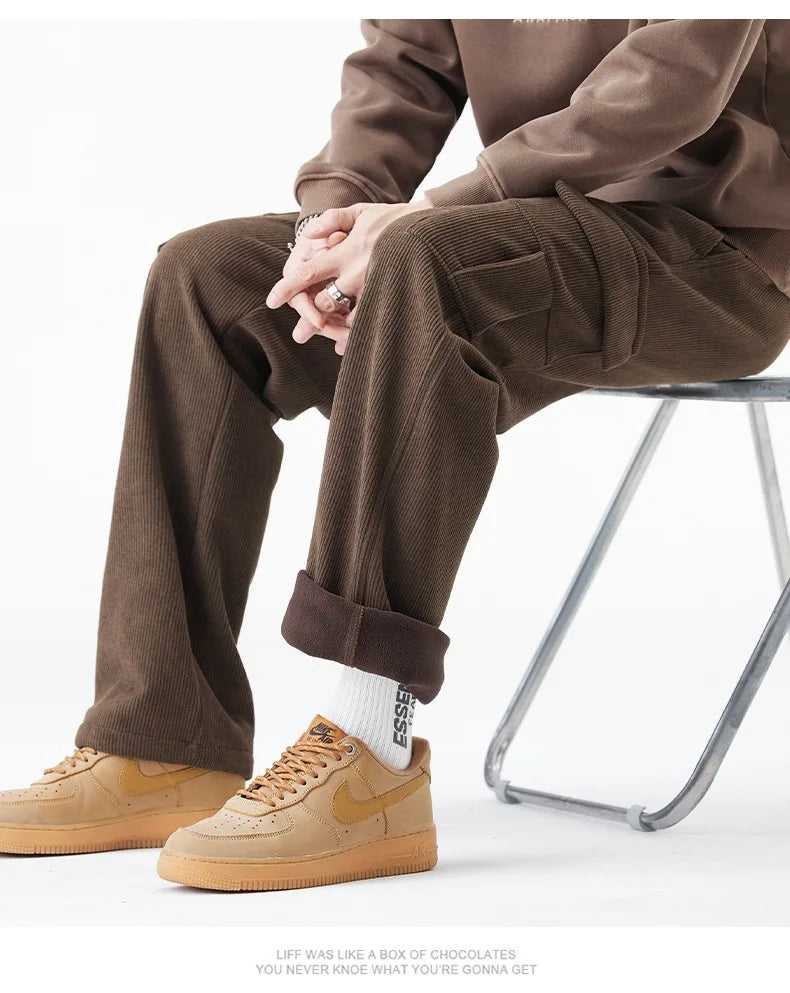 2026 New in Winter Corduroy Pants Men Straight Wide Leg Cargo Trouser Male Elastic Waist Loose Fit Thick Brown Warm Fleece Plush