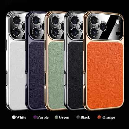 Original Leather Case For iPhone 17 PRO MAX Plating Genuine cowhide Lichee Pattern Lens Protection Shockproof Hard Phone Cover