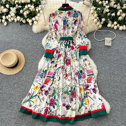 Retro Faion Print Stand Collar Single Button Women's Dr Waist Cinched Floor Length Skirt Korean Sle High Waist Long Sl...