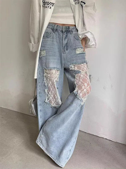 2026 Women's Y2K American Style High Waist Lace Spliced Denim Pants Loose Wide Leg Trousers Fashion Hottie Hole Patchwork Jeans
