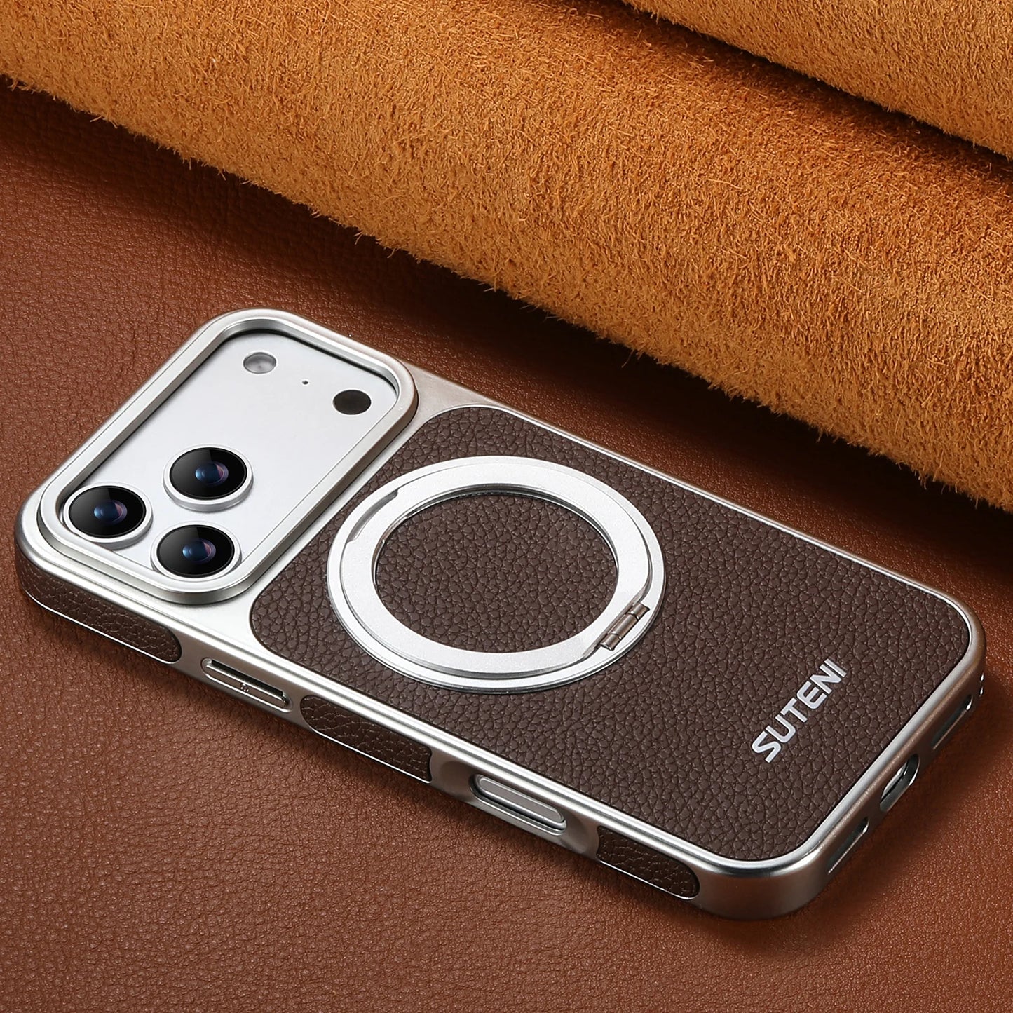 Faux Leather Magnet Wireless Charging Phone Case 360° Rotating Stand Ring Buckle Frosted Feel For iPhone 17 Pro Max 16 15