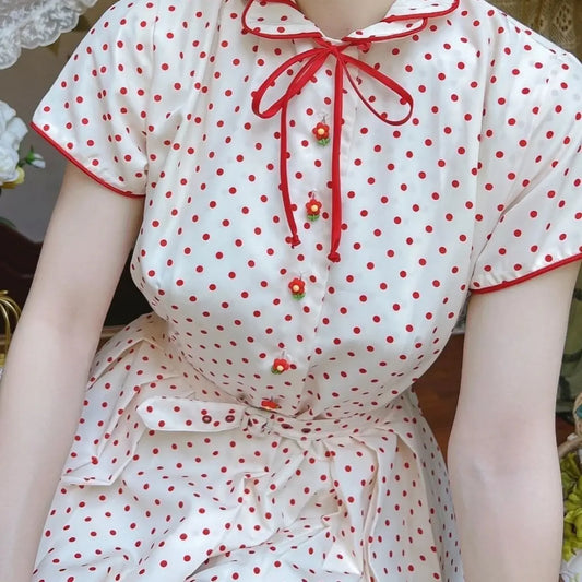 Hepburn Retro Red Polka Dot Dress For Women'S Summer New Style Spliced Lapel Short Sleeved Waist Cinching Long Skirt