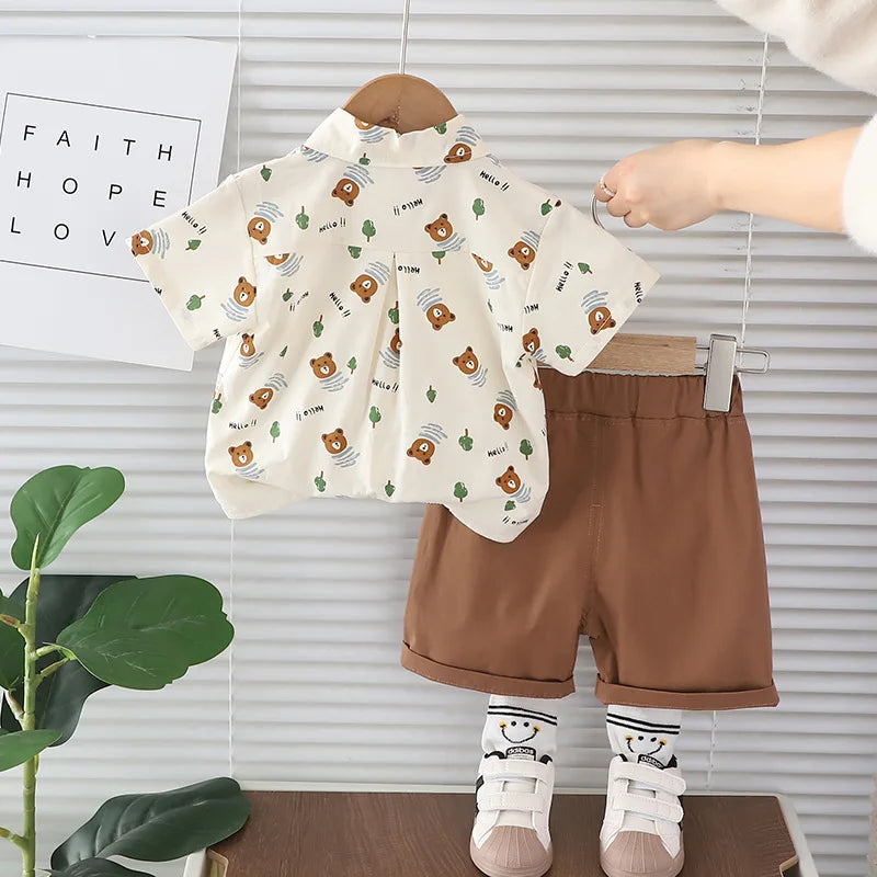 Summer Baby Boys Clothes Suit Children Casual Cartoon Bear Tie Shirt Shorts 2Pcs/Sets Kids Outfits Toddler Costume Clothing 1-5y