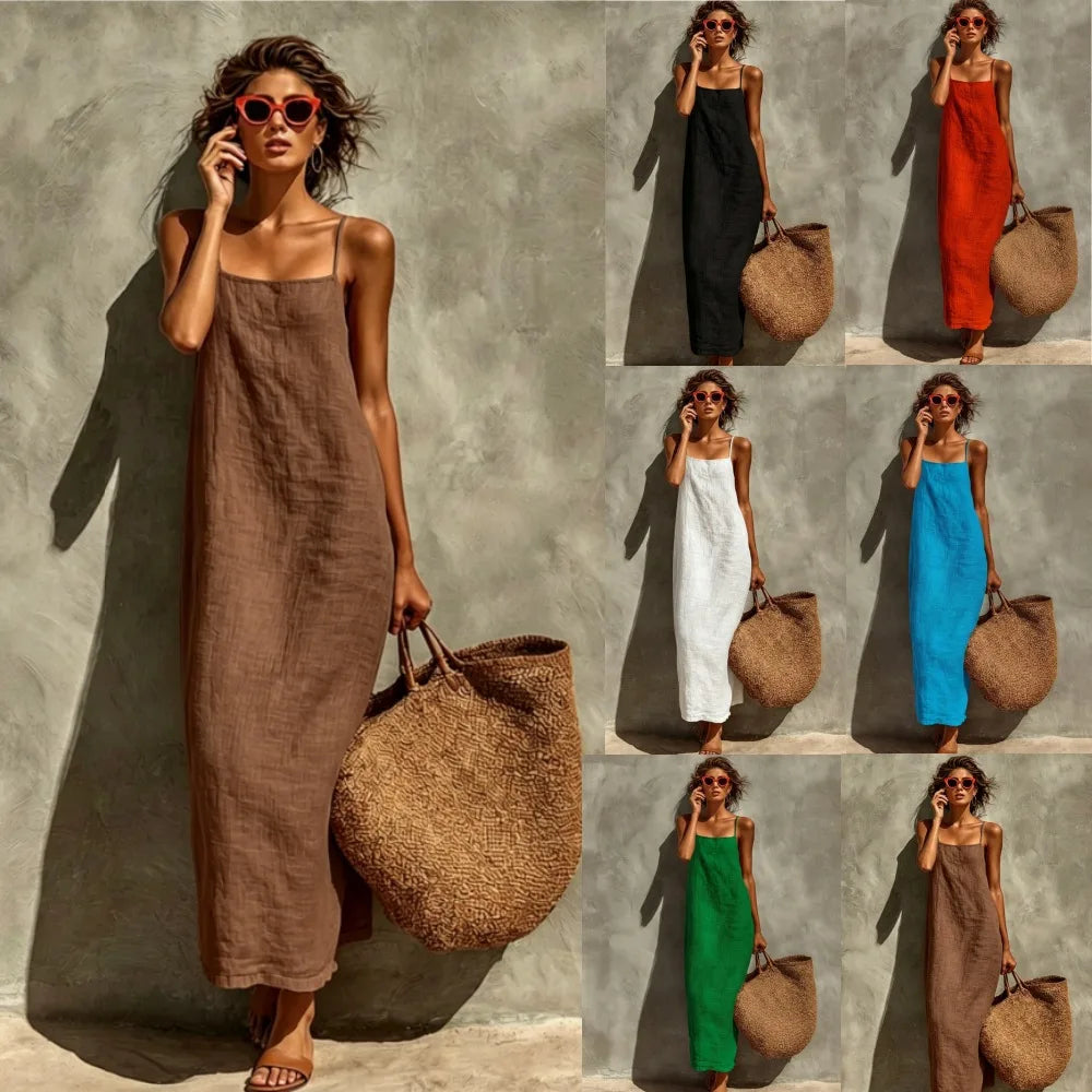 2026 Summer New Women Solid Color Spaghetti Strap Dress Loose Casual Comfortable Sundress