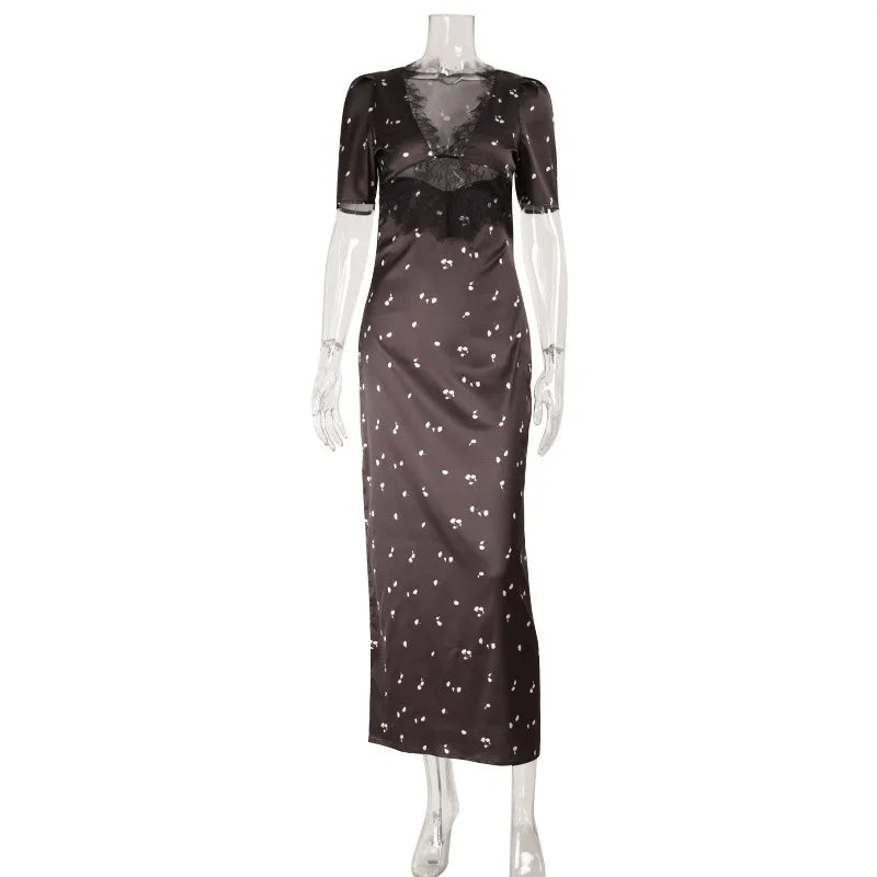 Lace Patchwork Printed Maxi Dresses For Women Fashion Sexy Streetwear Short Sleeves Slim Hollow Out Long Vestidos Robes Female