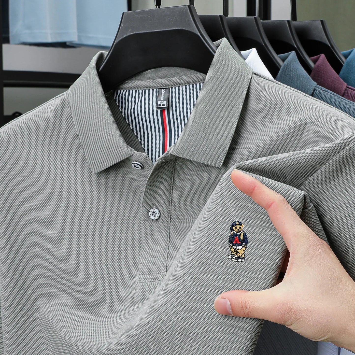 100% cotton high-quality short sleeve men's polo shirt fashion brand cute bear embroidery top Korean casual breathable T-shirt