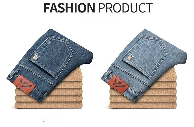 Winter Fleecy Thickened Warm Jeans Vintage Brand Classic Retro Youth Fashion Men Fit Straight Leg Casual Stretch Denim Pants