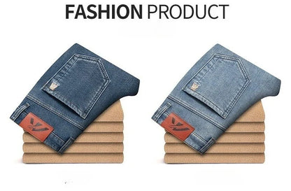 Winter Fleecy Thickened Warm Jeans Vintage Brand Classic Retro Youth Fashion Men Fit Straight Leg Casual Stretch Denim Pants