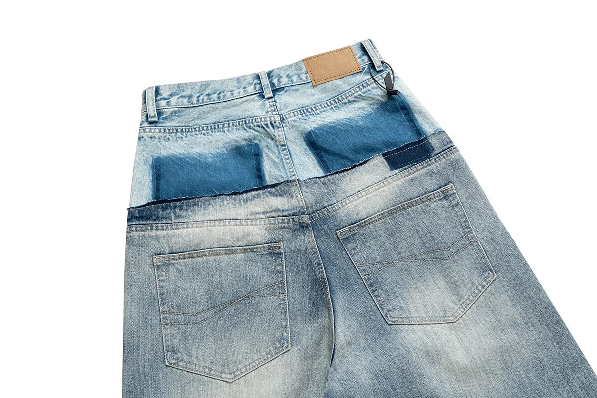 Double-layer Double Waist Patchwork Baggy Jeans for Men and Women Straight Casual Loose Denim Trousers Oversized