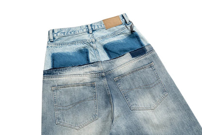 Double-layer Double Waist Patchwork Baggy Jeans for Men and Women Straight Casual Loose Denim Trousers Oversized