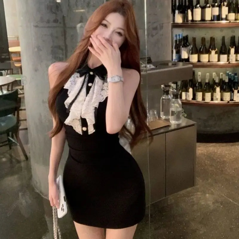 Hotsweet Y2k Dress Women Lace Splicing Bow Halter Waist Slim Fit Hip Mini Dresses Fashion Birthday Party Vestido Summer
