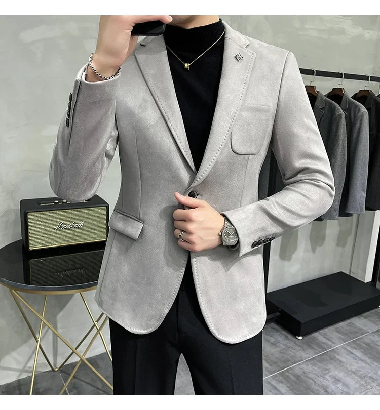 Deerskin Leather Jacket Blazer Men Casual Slim Fit Blazer Hombre Suit Leather Jacket Men Terno Masculino Men Clothing 6 Color