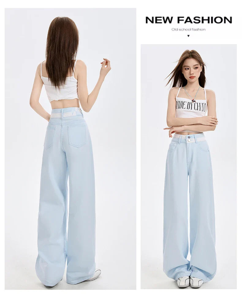Loose Casual Wide Leg Denim Pants Summer New Thin 100% Cotton Women's High Waist Y2K Contrast Stitching All Match Baggy Jeans