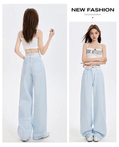 Loose Casual Wide Leg Denim Pants Summer New Thin 100% Cotton Women's High Waist Y2K Contrast Stitching All Match Baggy Jeans
