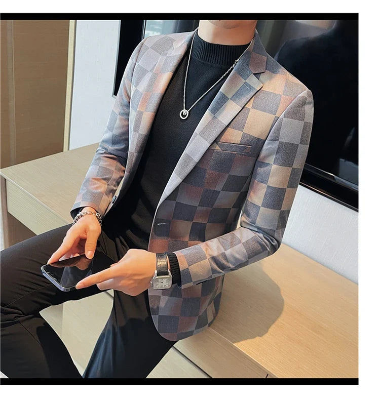 Brand Luxury Plaid Suit Jacket for Men 2023 Autumn Casual Blazer Masculino Fashion Slim Business Wedding Groom Social Dress Coat