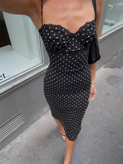 Polka Dot Spaghetti Strap Sexy Midi Dress Women Elegant Off-shoulder Backless Sleeveless Bodycon Club Party Dress