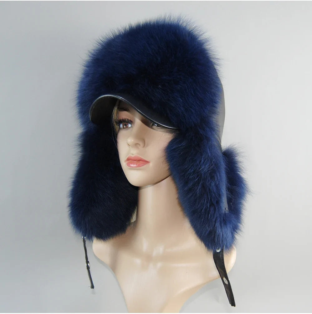 100% Real Fox Fur Hat Women's Russian Ushanka Aviator Trapper Snow Skiing Hat Caps Earflap Winter Raccoon Fur Bomber Hat