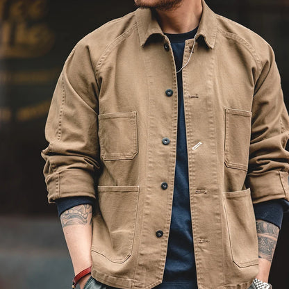 Heavyweight Twill Fabric Four-pocket Chore Coat for Men Khaki Color Turn-down Collar Utility Jacket Male Autumn Jackets