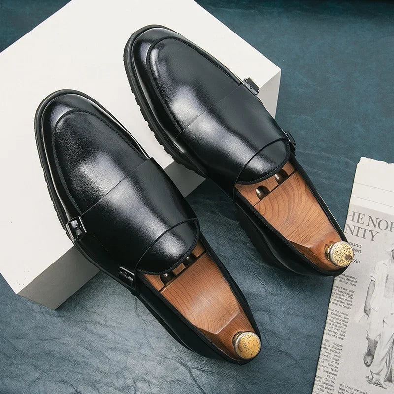 Men Fashion Formal Handmade Monk Shoes Derby  Dress Leather Gentleman Double Buckles Monk Shoes Pointed Wedding Shoes 2024