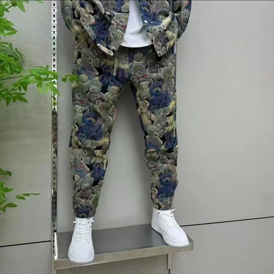 Spring Autumn Men's Sets Fashion Bear Printing Jacket  Trousers Two-Piece Leisure Sports Suit