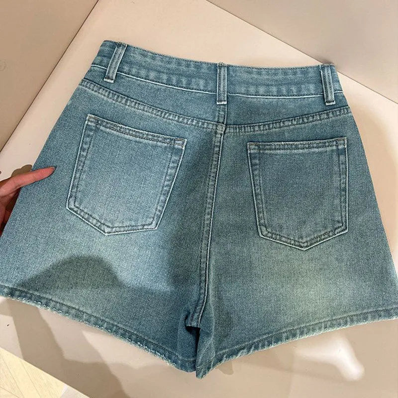 Fashion Rhinestone Denim Shorts for Women Light Blue Summer New Loose Wide Leg Short Pants Korean High Waist Washed Jeans Shorts