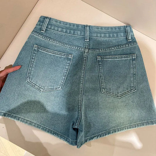 Fashion Rhinestone Denim Shorts for Women Light Blue Summer New Loose Wide Leg Short Pants Korean High Waist Washed Jeans Shorts