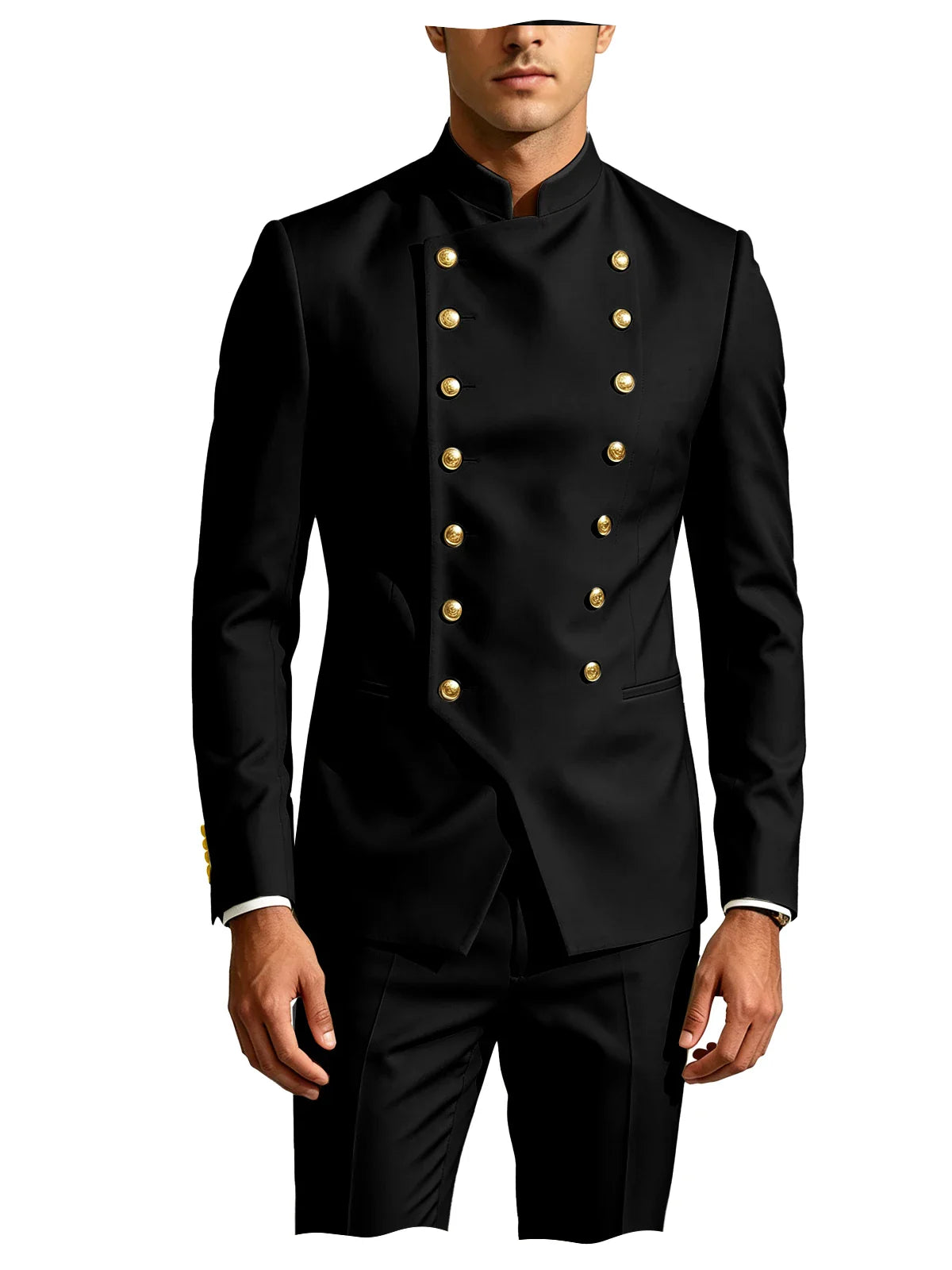 Men's Double Breasted Stand Collor Suit 2 Pieces Blazer Pants Set Slim Fit Business Casual Suit Jacket Formal Wedding Tuxedo