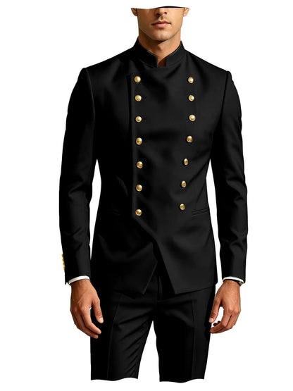 Men's Double Breasted Stand Collor Suit 2 Pieces Blazer Pants Set Slim Fit Business Casual Suit Jacket Formal Wedding Tuxedo