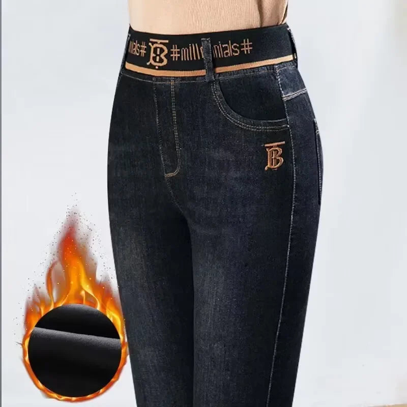 Winter Plus Velvet Stretch Jeans Women Oversize 40 High Waist Skinny Vaqueros Thick Warm Denim Trousers Fashion Mom Pencil Pants