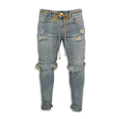 Men Long Jeans Pants Denim Pencil Pant Hole Splice Simple Slim Fit Zipper Lace Up Tight Waist Straight Trousers Autumn