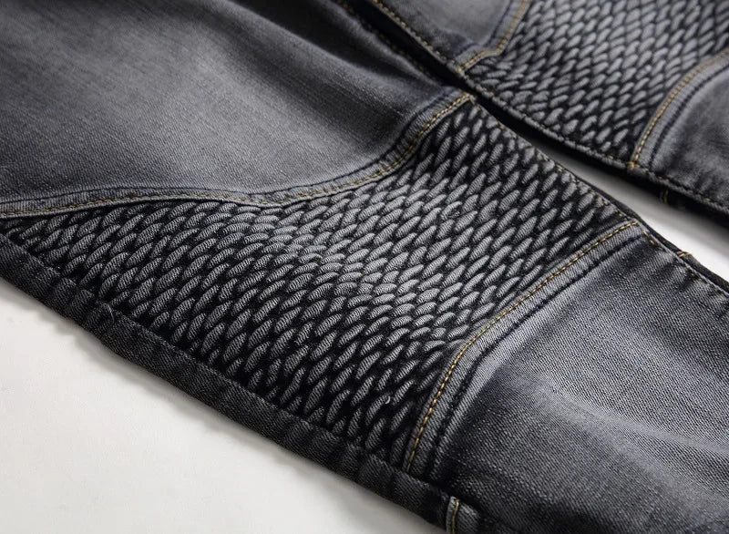 Men's New Casual Motorcycle Jeans Hip Hop Street Riding Stretch Slim Fit Straight Pants Patchwork Fashion Denim Trousers Male