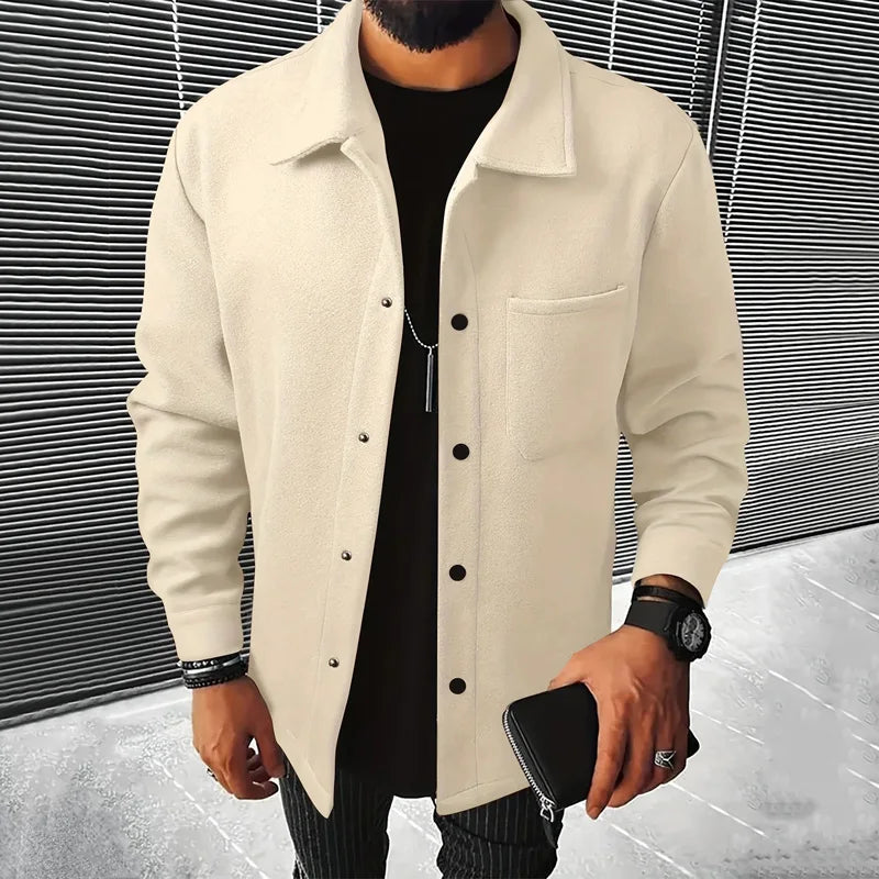 Men's Polyester Brushed Jacket, Lapel Button/Zipper Coat with Pocket, Comfortable Casual Autumn Winter Office Business Wear