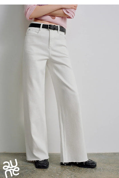 Women Jeans 2026 Spring New Black Label Lycra Stretchy White Frayed Cuff Loose Wide-Leg Pants