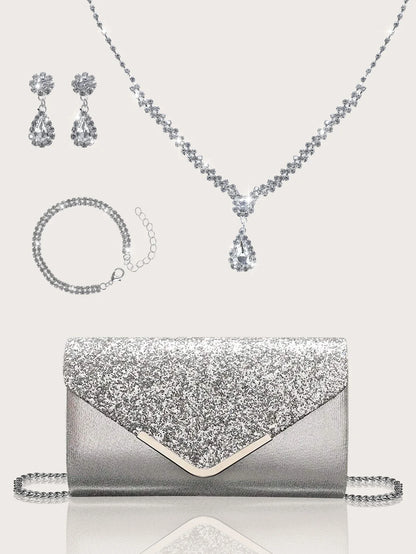 Gorgeous and elegant sparkly women's clutch bag, paired with a gorgeous rhinestone necklace, earrings and bracelet set of four.