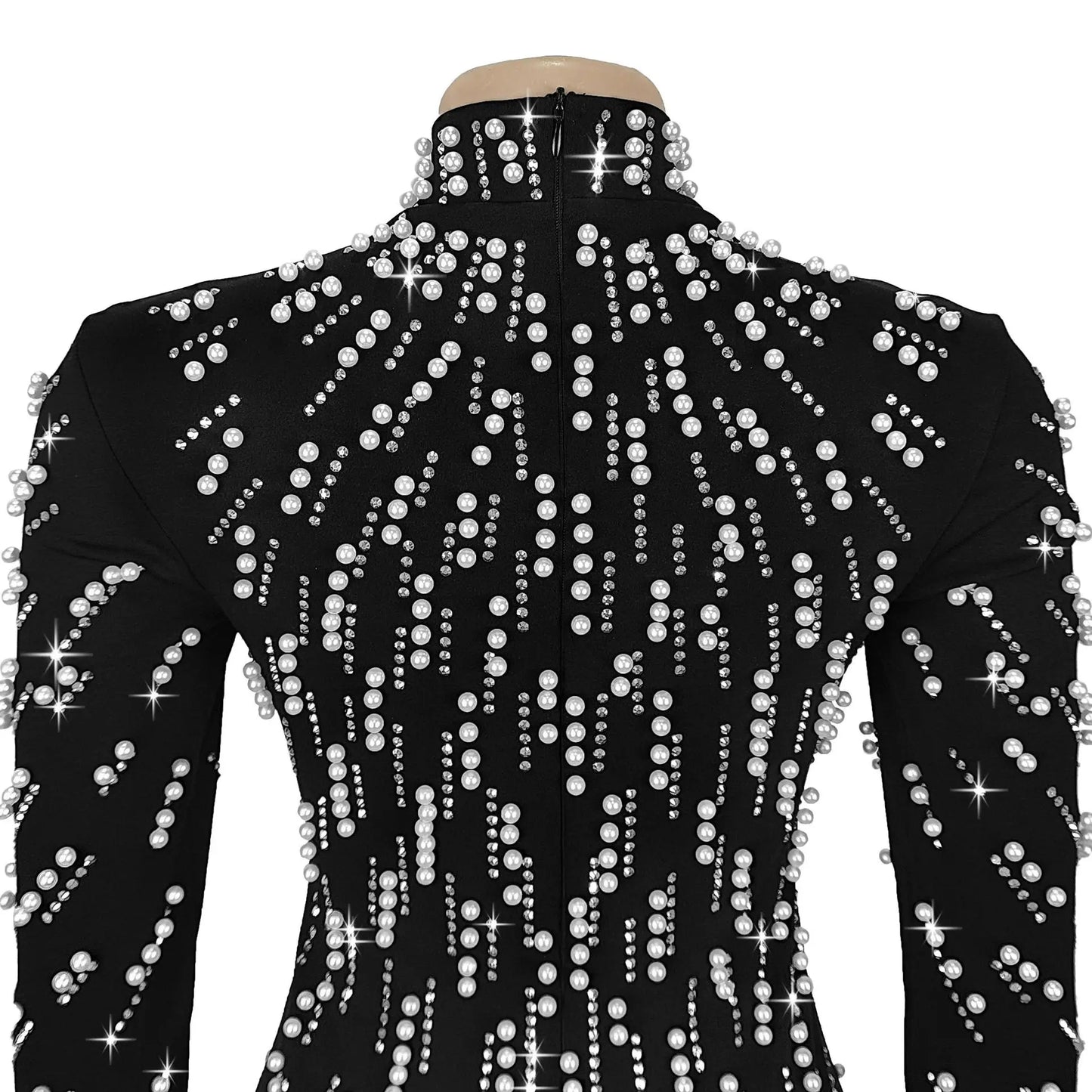 Temperament Elegant Party Diamond Pearl Long Bodycon Dress Women O Neck Long Sleeve Glitter Club Evening Black Sheath Maxi Dress