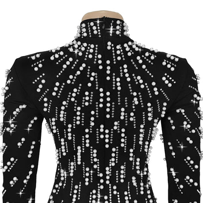 Temperament Elegant Party Diamond Pearl Long Bodycon Dress Women O Neck Long Sleeve Glitter Club Evening Black Sheath Maxi Dress