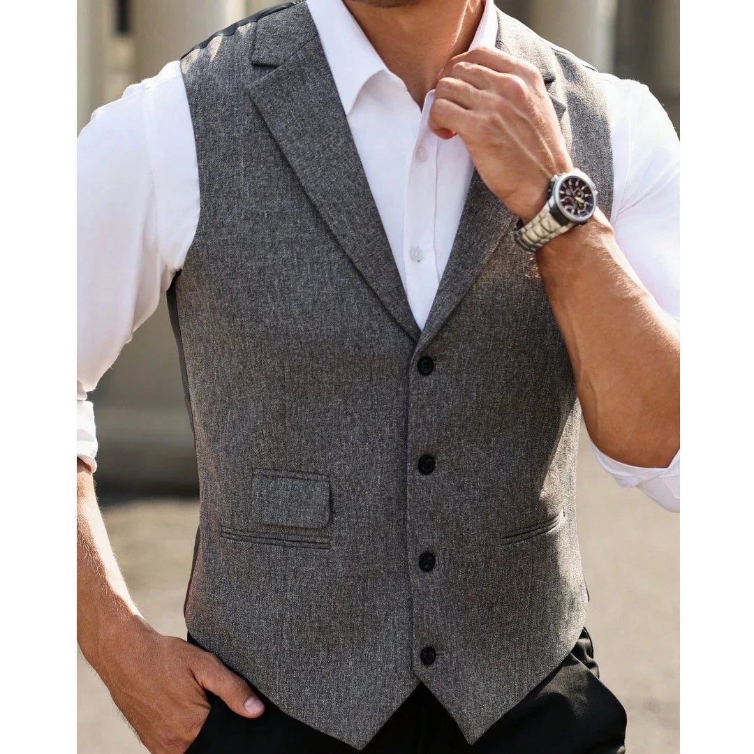 Men Vest Gray Herringbone Single Button With Lapel Waistcoat For Wedding Banquet Business Office Work Daily Casual Men Suit Vest