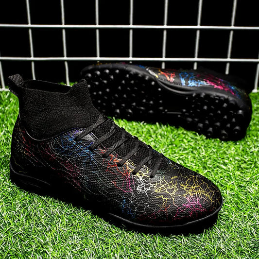 High quality, high-top football shoes, unisex style, comfortable, breathable, available in TF and FG options.  Sole spikes