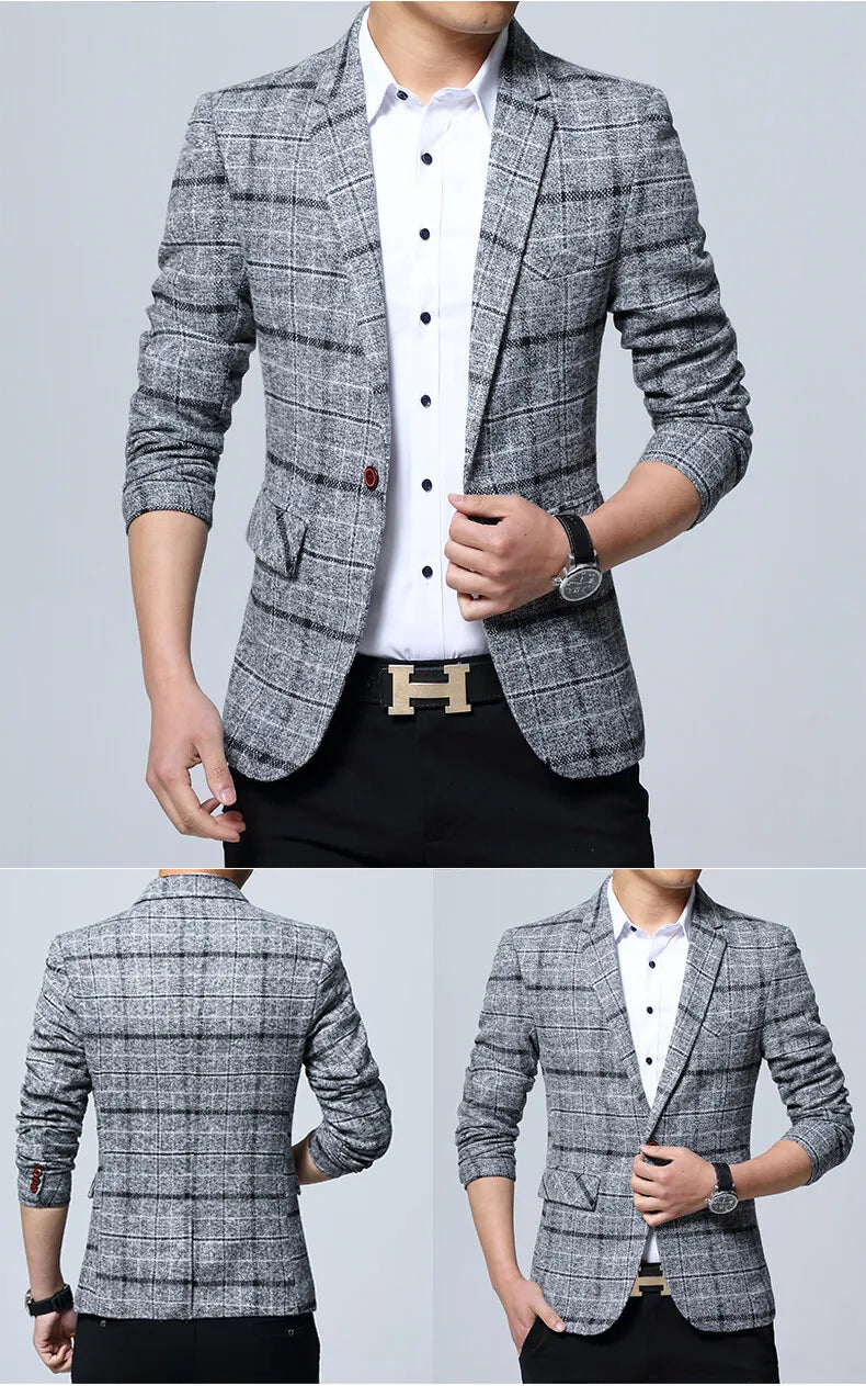 Men's Korean Style Spring Autumn Casual Small Suit Checkered Jacket Fitted Large Size Single Western Wear
