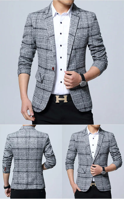 Men's Korean Style Spring Autumn Casual Small Suit Checkered Jacket Fitted Large Size Single Western Wear