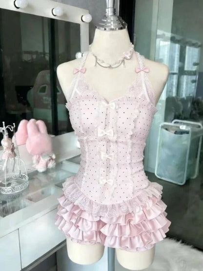French Style Sweet Cute Polka Dot Splicing Dress Lace Bow Korean Fashion Dresses New Design Slim Waist Lady Y2k Mini Dress