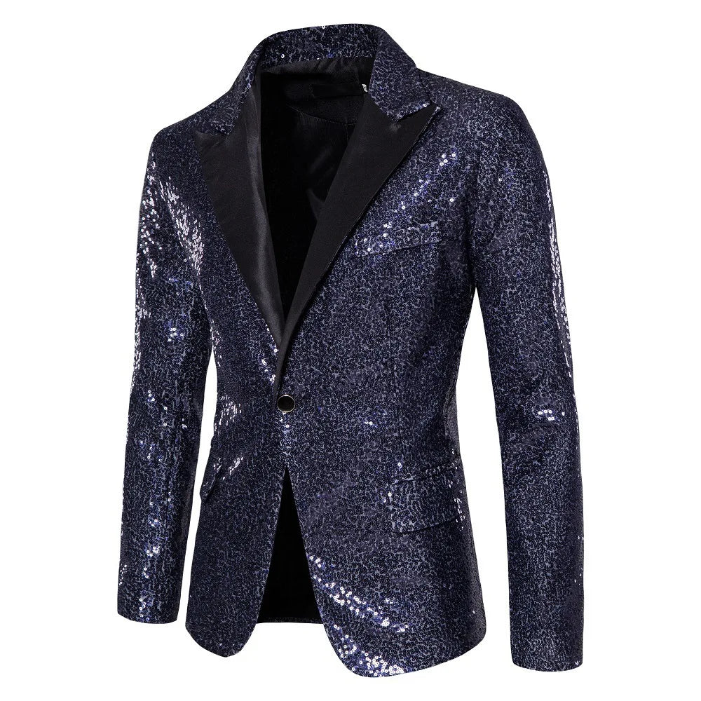 2026 Men's Suit Jacket, Shiny Sequin Stage Performance Coat, White Silver Blue Red Purple Blazers V-neck Single Button S-XXL