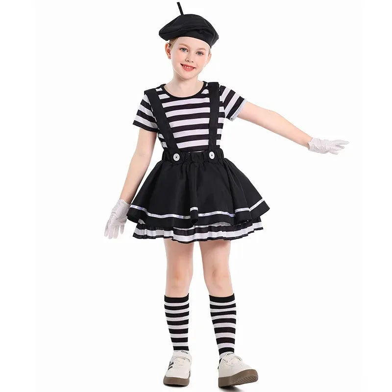 Mime Costume Clown Cosplay Clothing Girls Stage Performance Skirt T-shirt Hat Gloves Halloween Carnival Party Suit ﻿