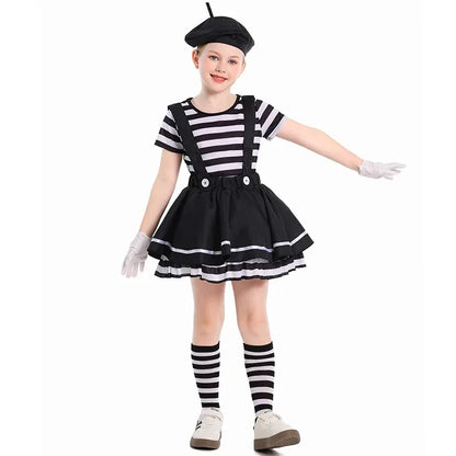 Mime Costume Clown Cosplay Clothing Girls Stage Performance Skirt T-shirt Hat Gloves Halloween Carnival Party Suit ﻿