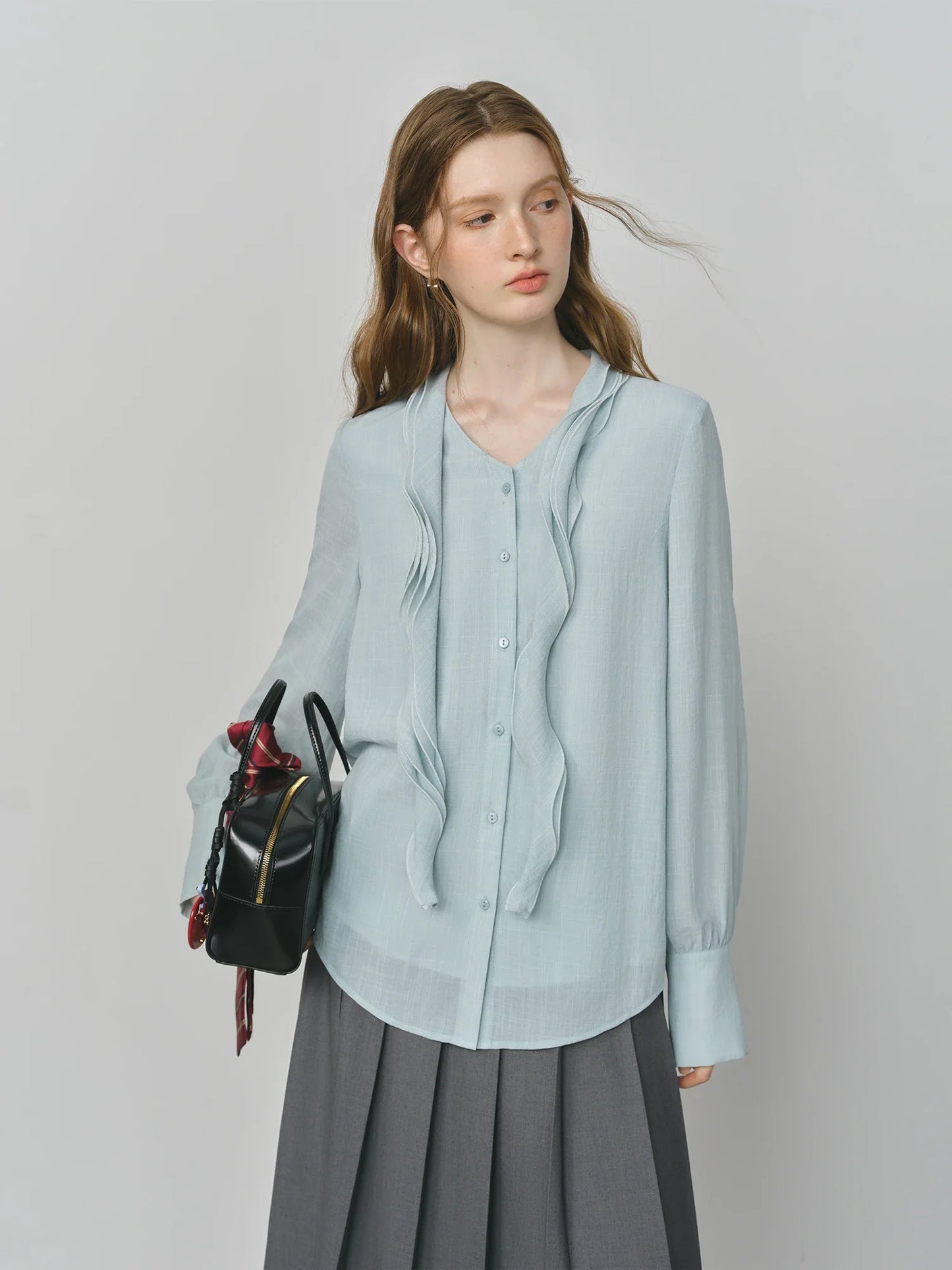 Autumn Elegant Blouse 2025 Asymmetric Flounce Shirt V-Neck Korean Style Chic Design Office Lady Women's Casual Shirt