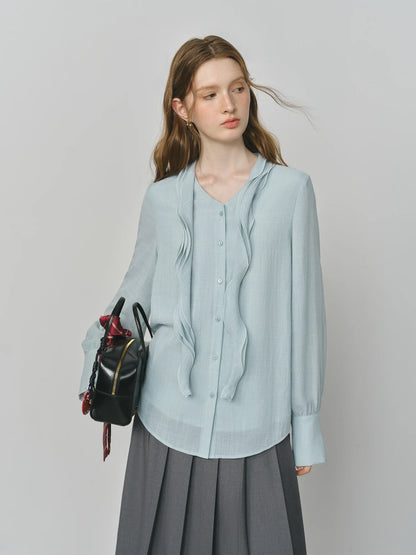 Autumn Elegant Blouse 2025 Asymmetric Flounce Shirt V-Neck Korean Style Chic Design Office Lady Women's Casual Shirt
